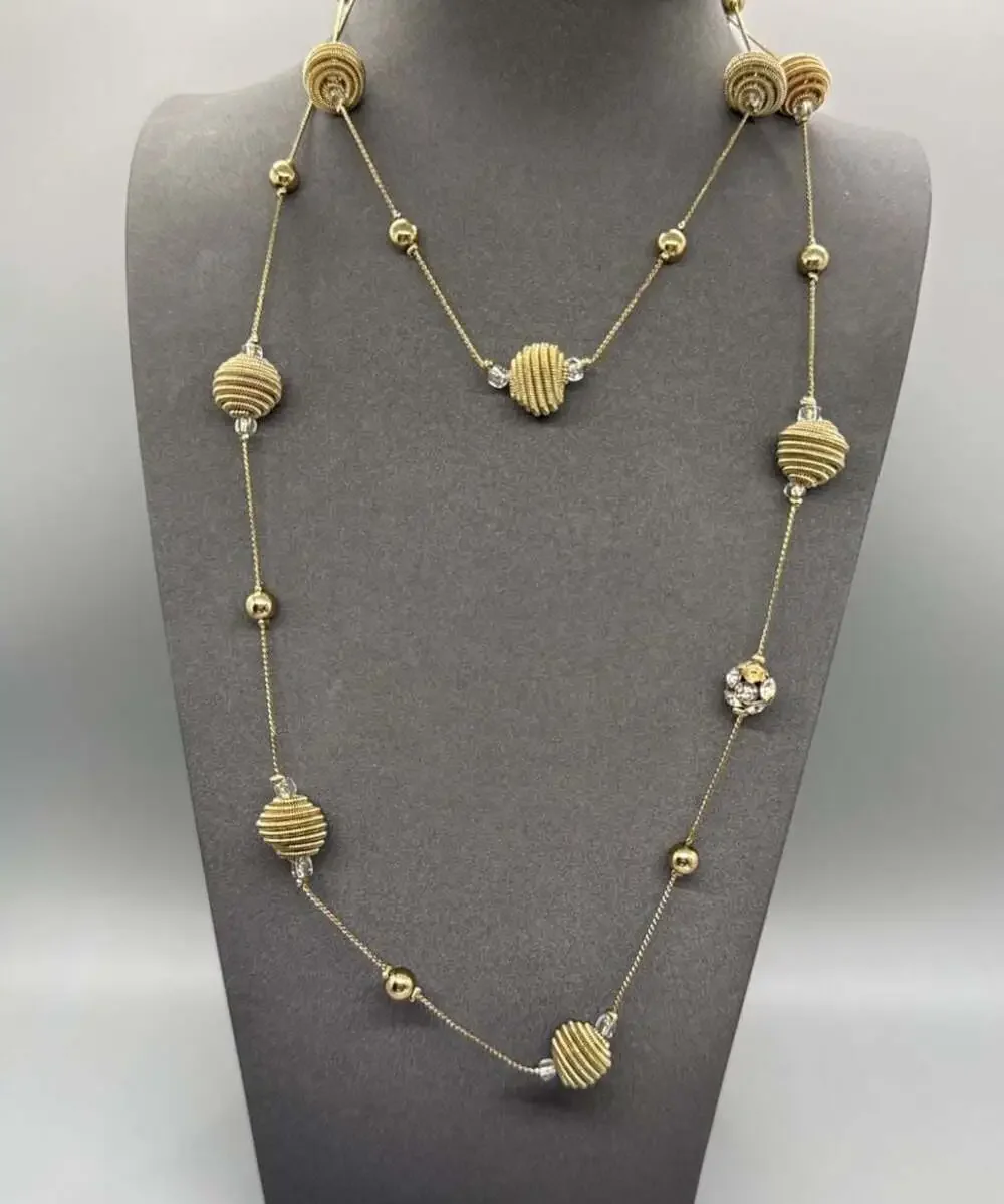 Gold Tone Long Station Necklace Coiled Spring Beehive and Rhinestone Beads Vtg
